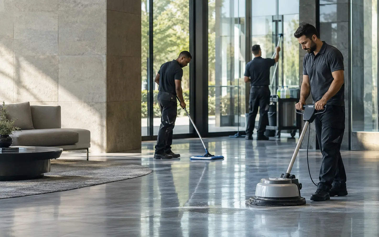 Three cleaners working together in a modern interior