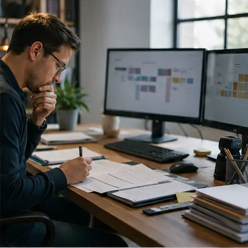 Business operator reviewing a structured workflow at a desk