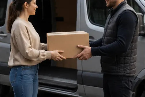 Careful parcel handoff beside a delivery vehicle