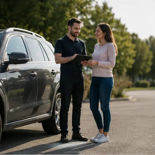 Roadside assistance conversation beside a vehicle