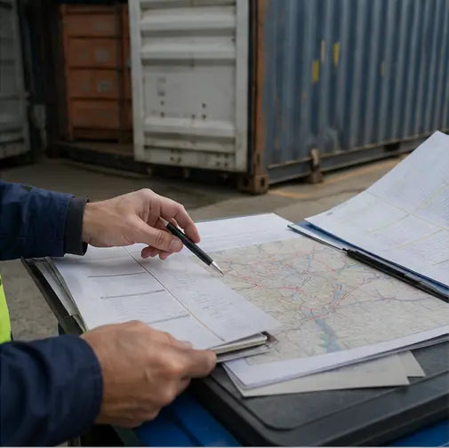 Hands reviewing route and cargo documents