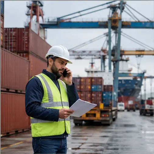 Coordinator working beside cargo containers at a freight terminal