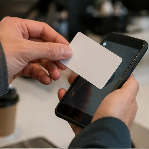 Plain NFC card held near a phone at a payment counter