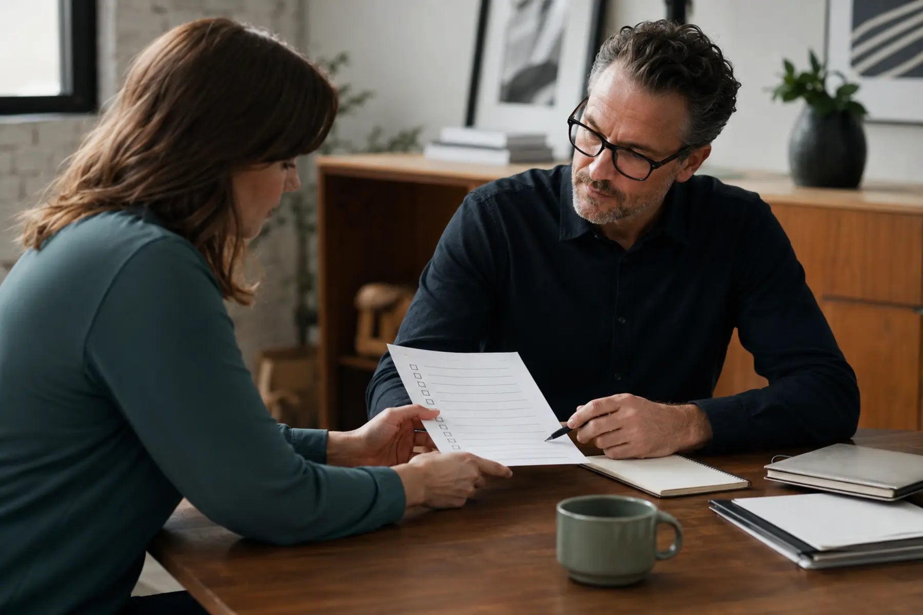 Two colleagues reviewing a checklist before approval