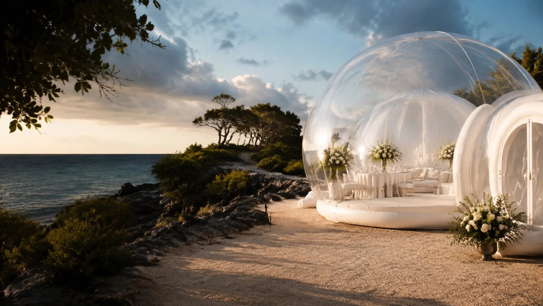 Transparent dome set up at dusk