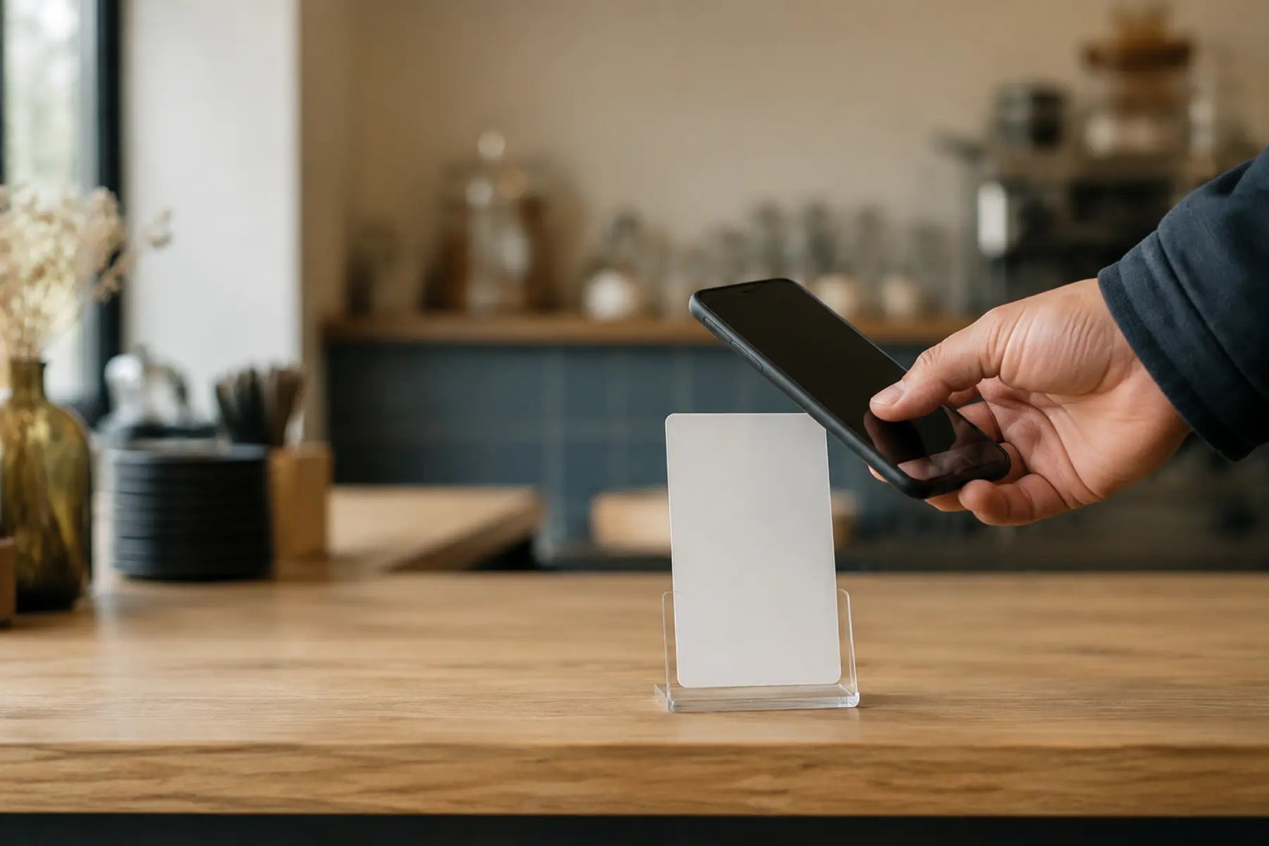 Phone held near a blank card in a counter holder